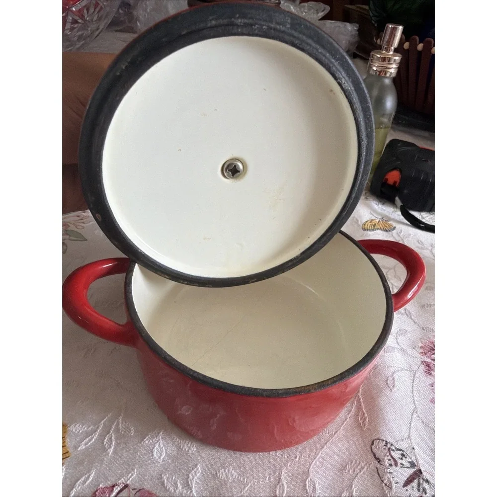 Vtg Mario Batali Individual SizeCast Iron Red Maroon Enamel Dutch Oven Pot & Lid